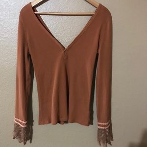 Free People dk rust v neck thermal lace Medium
